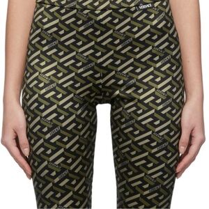 Versace Women's Black and Olive Green Gold Patterned Leggings